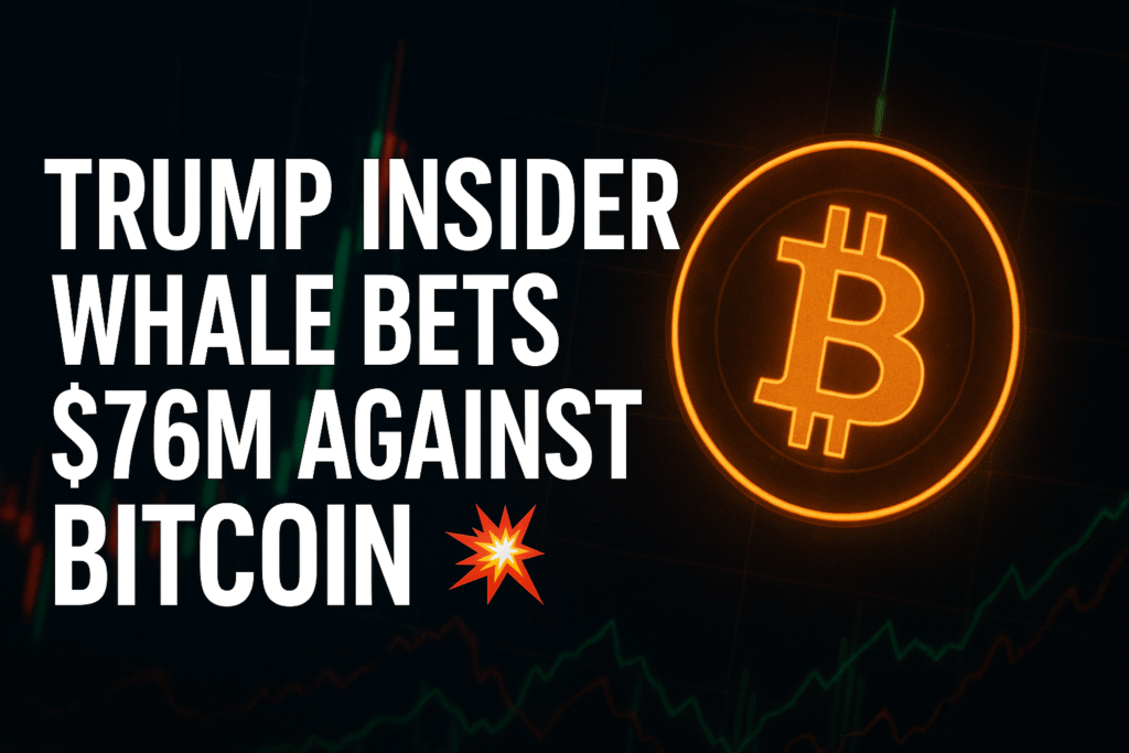 A dark crypto-themed background featuring a glowing Bitcoin symbol and financial chart lines, with bold white text reading “Trump Insider Whale Bets $76M Against Bitcoin” at the bottom center.
