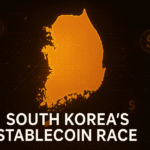 A digital header image showing a glowing orange map of South Korea on a dark tech-themed background, symbolizing the country’s growing stablecoin ecosystem. The text “South Korea’s Stablecoin Race” appears at the bottom, highlighting KakaoBank and Naver’s push into digital finance.