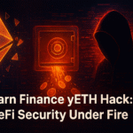 Digital illustration showing a DeFi hack scenario with a glowing Ethereum symbol, a vault leaking coins, and a hooded hacker figure in a cyberpunk red-and-black theme, representing the Yearn Finance yETH exploit and DeFi security risks