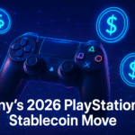 A futuristic PlayStation controller glowing in neon blue and purple, surrounded by digital dollar stablecoin icons and a blockchain network background, with the text ‘Sony’s 2026 PlayStation Stablecoin Move’ displayed at the bottom center.