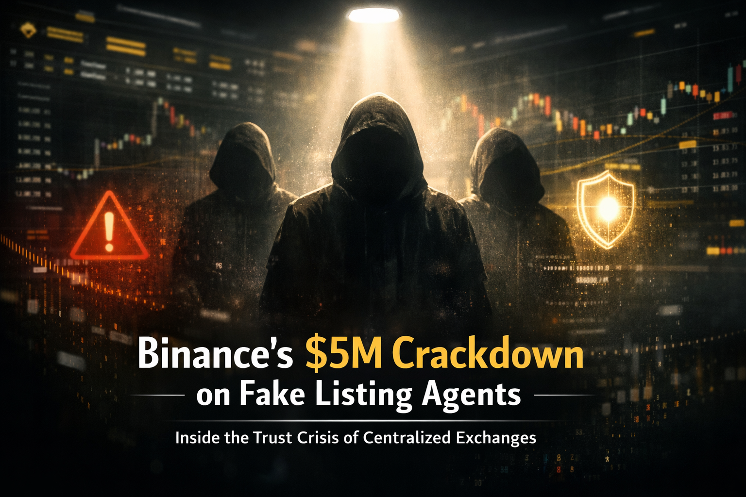 Header image showing shadowy figures under a spotlight against a Binance-style crypto exchange interface, symbolizing Binance’s $5 million crackdown on fake token listing agents and centralized exchange trust issues.