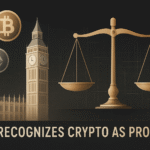 Digital illustration of the UK Parliament and Big Ben blended with gold-toned blockchain graphics, Bitcoin and Ethereum icons, and a legal balance scale, symbolizing the UK’s new law recognizing crypto as property.
