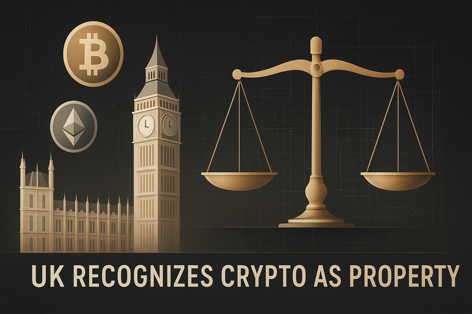 Digital illustration of the UK Parliament and Big Ben blended with gold-toned blockchain graphics, Bitcoin and Ethereum icons, and a legal balance scale, symbolizing the UK’s new law recognizing crypto as property.