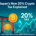 A digital illustration of Japan’s skyline with a torii gate, cherry blossoms, Bitcoin and Ethereum icons, and a rising chart, highlighting Japan’s new 20% crypto tax and its potential to boost retail adoption.