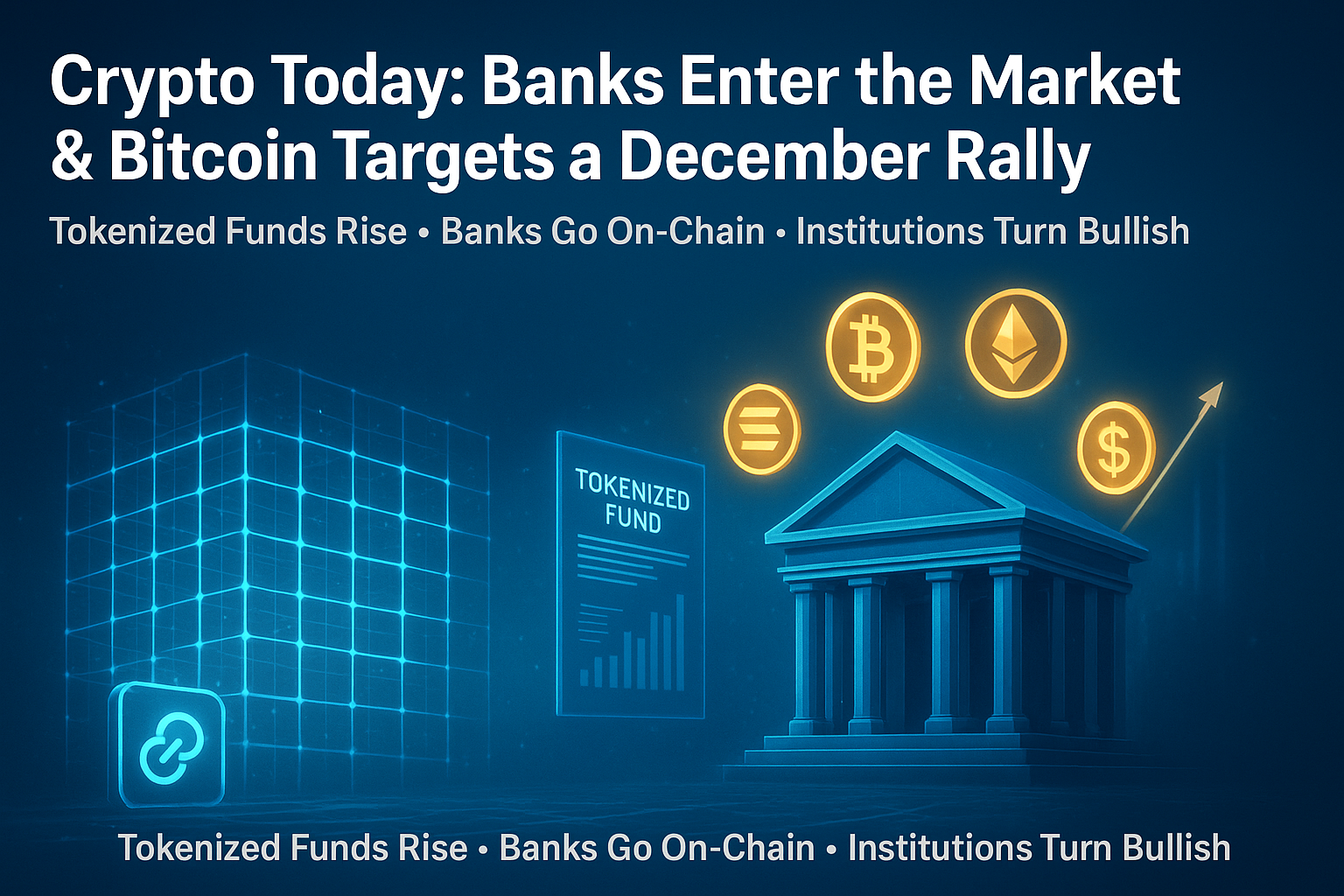 A digital illustration showing the convergence of traditional banking and blockchain technology. A bank building is surrounded by glowing cryptocurrency icons like Bitcoin, Ethereum, Solana, and USDC. A holographic “Tokenized Fund” panel appears beside a blockchain grid structure, with an upward price arrow symbolizing Bitcoin’s potential December rally. Blue and gold futuristic lighting, financial-tech theme.