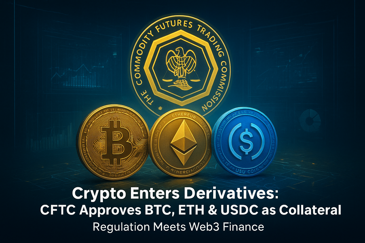A futuristic digital illustration showing Bitcoin, Ethereum, and USDC coins positioned in front of a glowing CFTC emblem, symbolizing the approval of crypto assets as collateral in derivatives markets. The image uses blue and gold tones to represent regulation, trust, and the integration of blockchain with traditional finance, with headline text placed at the bottom center.