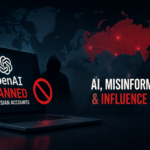 Laptop screen showing "OpenAI Banned Russian Accounts" notice beside a world map highlighting Russia in red, symbolizing AI-driven misinformation networks