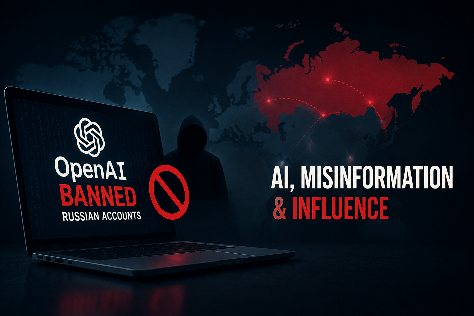 Laptop screen showing "OpenAI Banned Russian Accounts" notice beside a world map highlighting Russia in red, symbolizing AI-driven misinformation networks